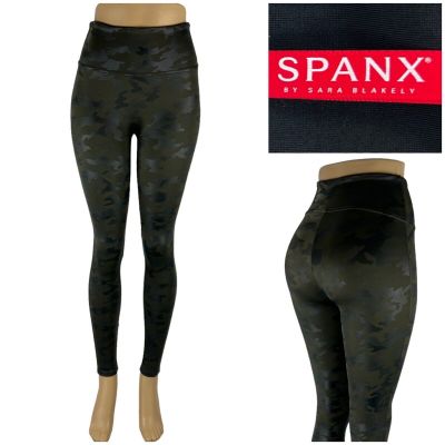 SPANX Womens Small Faux Leather Camo Leggings Matte Green Gym Performance EUC